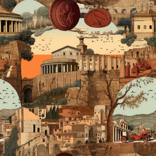 Ancient Rome empire cartoon collage repeat pattern