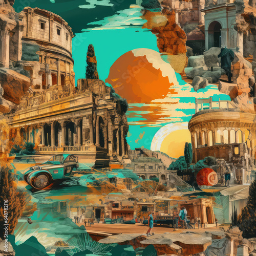 Fototapeta Ancient Rome empire cartoon collage repeat pattern