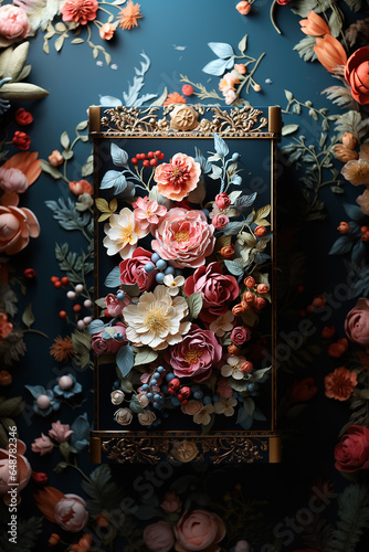 Colorful artificial flowers in a luxurious frame in pastel colors photo