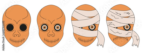 Set Cartoon Halloween monster head, mummy. Hand drawn collection of zombie character face isolated transparent background. Halloween creepy smile collage editable stroke. Vector illustration. 