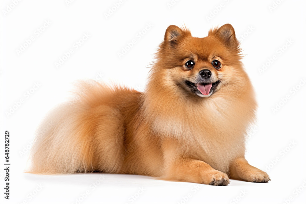 Portrait of Pomeranian dog lying on white background. 