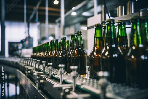 Factory for the production of beer. Brewery conveyor with glass beer drink alcohol bottles, modern production line. Blurred background. Modern production for bottling drinks. Selective focus.