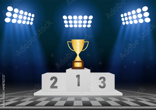 Trophy Cups on Winner Podium Illuminated with Spotlights in Racing Track Arena. Pedestal Sport Podiums. Podium Winner Stand. Vector Illustration.