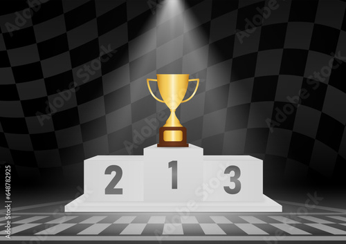 Trophy Cups on Winner Podium Illuminated with Spotlights in Racing Track Arena. Pedestal Sport Podiums. Podium Winner Stand. Vector Illustration.