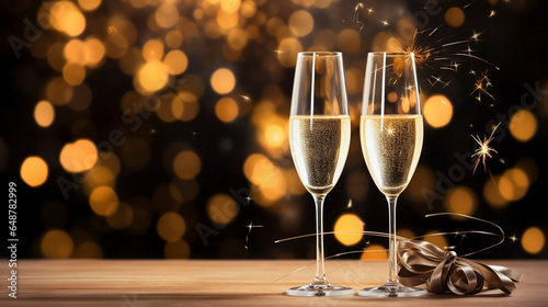 copy space, high quality photo, Two glasses of Champagne at New Year's Eve, Celebration with Golden Sparkles and Firework. Background for new year, postcard, invitation.