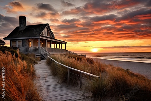 Beach House at Sunrise - Boardwalk, Sand Dunes, and Bungalow Overlooking the Beach