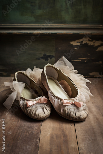 A pair of worn-out ballet shoes, lying on a wooden floor, echoing tales of hard work, passion, and dedication