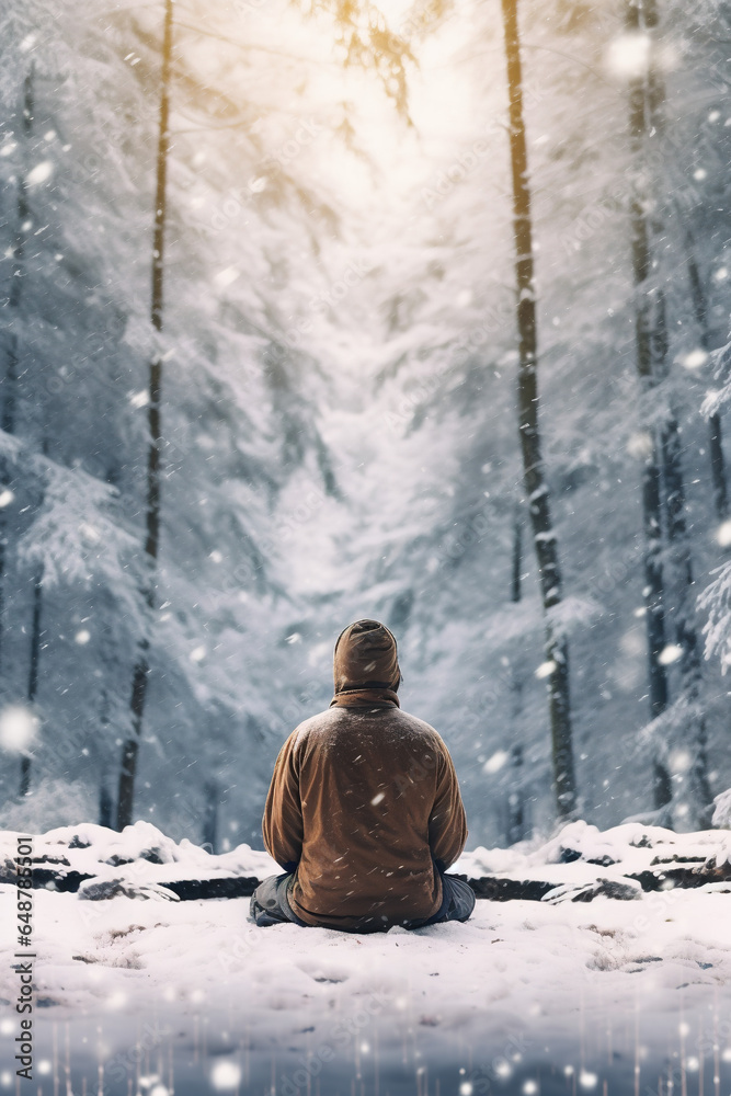A person meditating in the calm of a snow-covered forest, taking in the pure air and tranquility