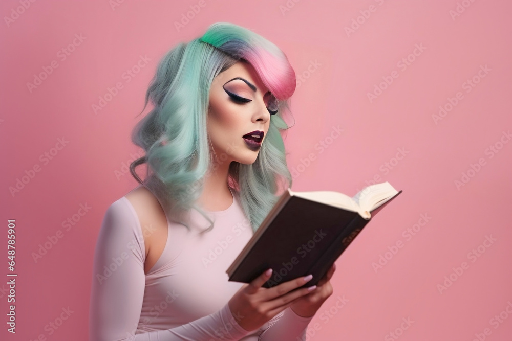 Woman with colorful hair and bold makeup reading book in front of pastel pink background Woman with colorful hair and bold makeup reading book in front of pastel pink background