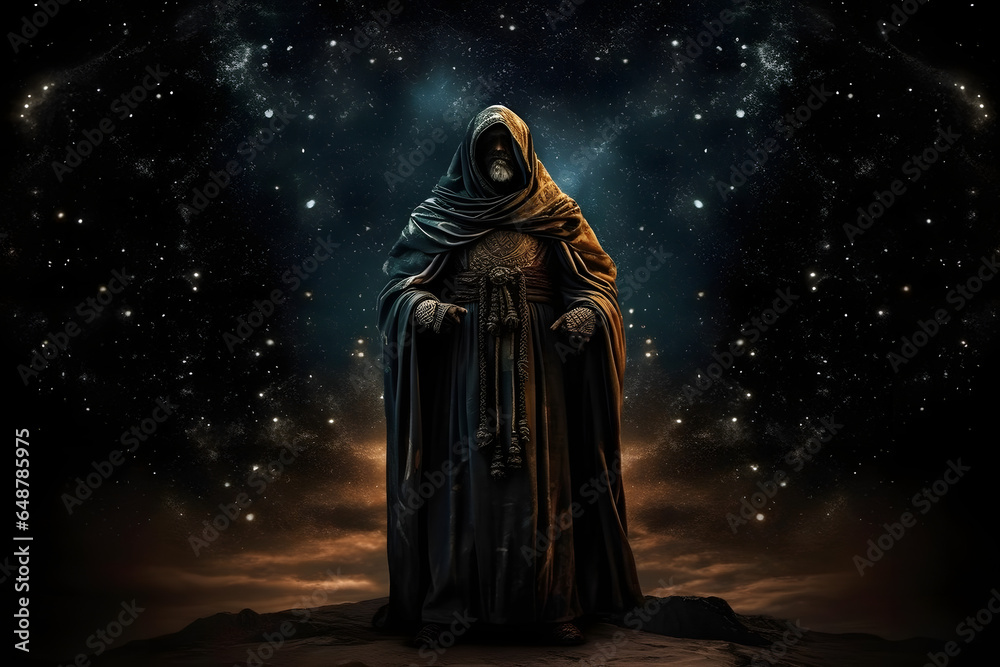 The primordial darkness embodying the Greek god, Erebus in ancient Greek vestments, the galaxy with the solar system as a background The primordial darkness embodying the Greek god, Erebus in ancient Greek vestments, the galaxy with the solar system as a background