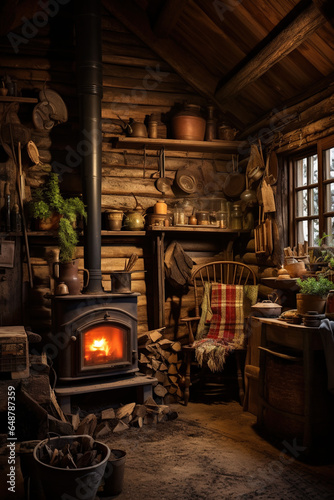 A rustic cabin with a wood-burning stove, providing a sense of warmth and rejuvenation