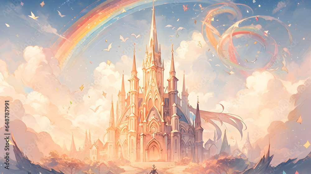 Fantasy castle on a background of the sky with clouds and rainbow, anime background - obrazy, fototapety, plakaty 