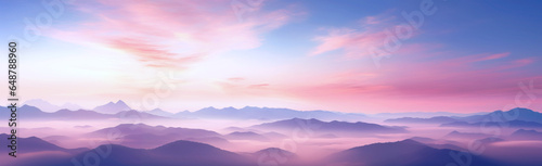 Pink and blue sky with mountains in the background. In the style of hazy romanticism