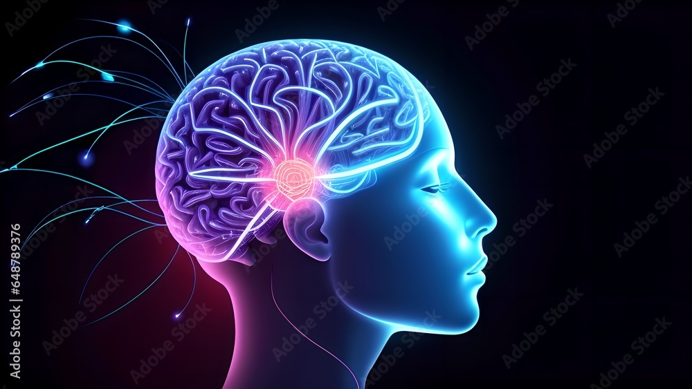 A close-up of a person's head with a glowing brain, generative AI