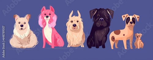 Colourful cartoon collection with cute dogs.. Set of different dog breeds, Generative AI 