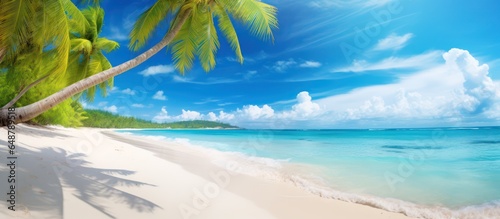 Beautiful tropical beach with white sand, turquoise ocean on background blue sky with clouds on sunny summer day © sitifatimah