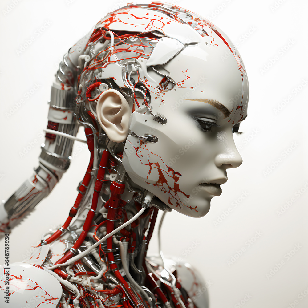 Beauty in modern technology, portrait of beautiful robot android with female human face.