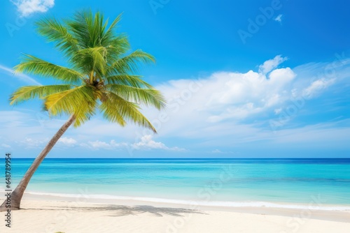 Beautiful tropical beach with white sand  turquoise ocean on background blue sky with clouds on sunny summer day