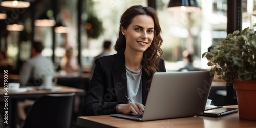 Businesswoman at Laptop in a Cafe Setting