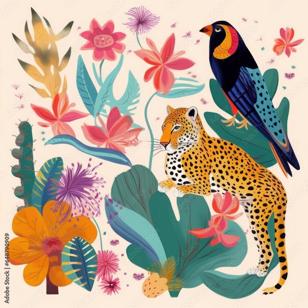 Fototapeta premium Tropical colorful illustration with leopard, flowers, toucan, Generative AI 