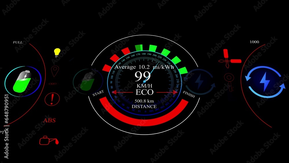 Digital speed meter tachometer dashboard show Miles of cars isolated on black background.