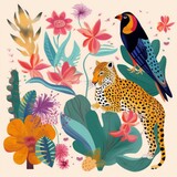 Tropical  colorful illustration with leopard, flowers, toucan, Generative AI 