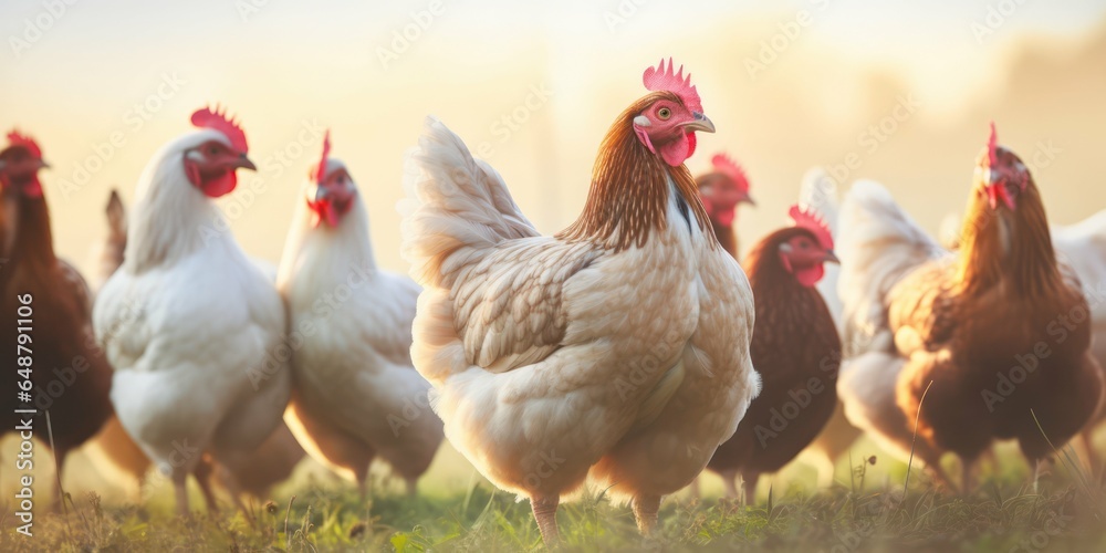 Fototapeta premium Rural Scene with Chickens at Sunrise