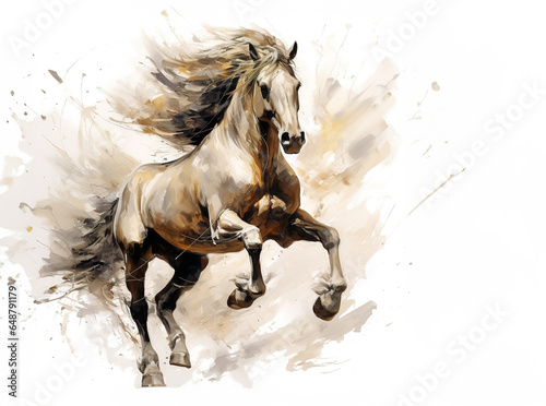 Watercolor painting of horse running on white background. Wildlife Animals. Illustration, Generative AI.