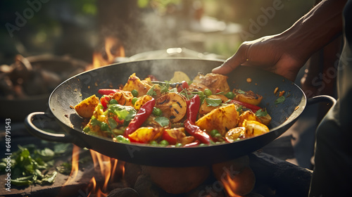 Hands creating a sauted stir fry in a frying pan