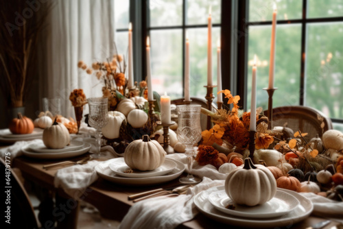 Thanksgiving table setting with pumpkins and candles at autumn home decoration