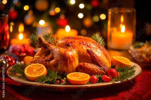 Roasted turkey on festive dinner table at Thanksgiving Day