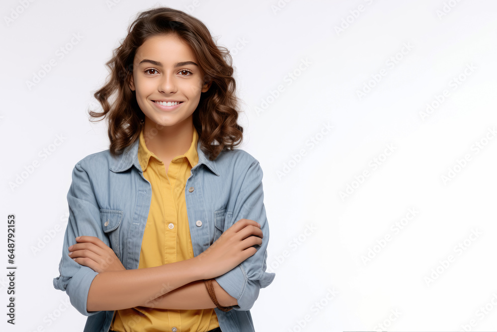 Happy young girl with arms crossed isolated on white background Happy young girl with arms crossed isolated on white background