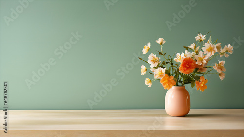 Powerpoint Slides Template Background Flowers in a Vase on Wooden Table Solid Color Peach Chartreuse Green Wallpaper Minimalistic Floral Decoration for Zoom PPT Presentation 16:9