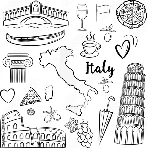 Set of hand drawn Italy icons, Rome set in vintage style. Vector doodle elements, Isolated national elements made in vector.