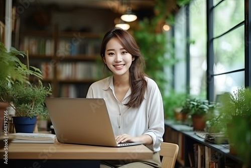 Portait of Asian business woman smile with computer laptop. Generative AI