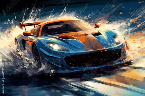 sports car speeding through a storm, fast car, splashing, water, rain, sports, motosports, dynamic, Beautiful illustration, digital art , Generative AI