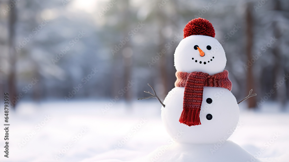 Christmas decoration with a cute cheerful snowman in the snow in the winter forest Christmas decoration with a cute cheerful snowman in the snow in the winter forest
