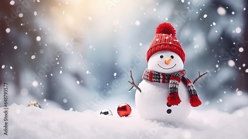Christmas decoration with a cute cheerful snowman in the snow in the winter forest