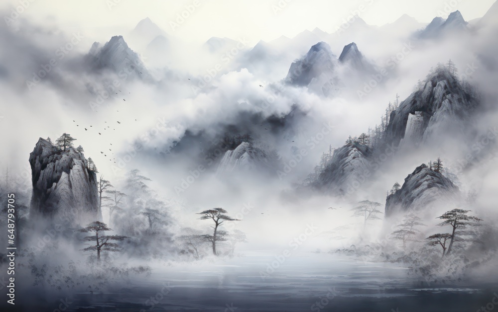 misty hill a fluffy cloud chinese painting illustration - obrazy, fototapety, plakaty 
