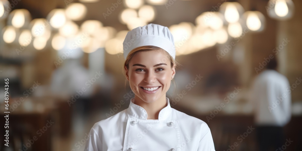 A radiant female chef's smile conveys enthusiasm. A radiant female chef's smile conveys enthusiasm.