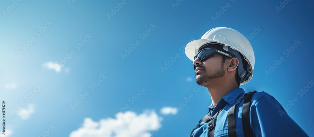 engineer with helmet and safety cloth stands against blue sky - obrazy, fototapety, plakaty 