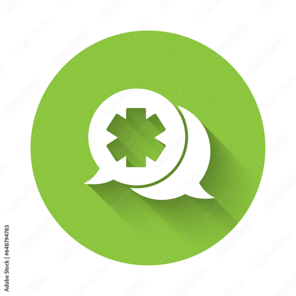 White Dialogue with the doctor icon isolated with long shadow. Doctor and patient dialog. Consulting about medical health services. Green circle button. Vector White Dialogue with the doctor icon isolated with long shadow. Doctor and patient dialog. Consulting about medical health services. Green circle button. Vector
