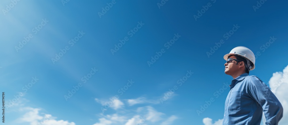 engineer with helmet and safety cloth stands against blue sky