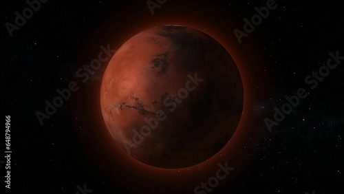 Abstract glowing hot isolated mars planet and starry sky on black background.