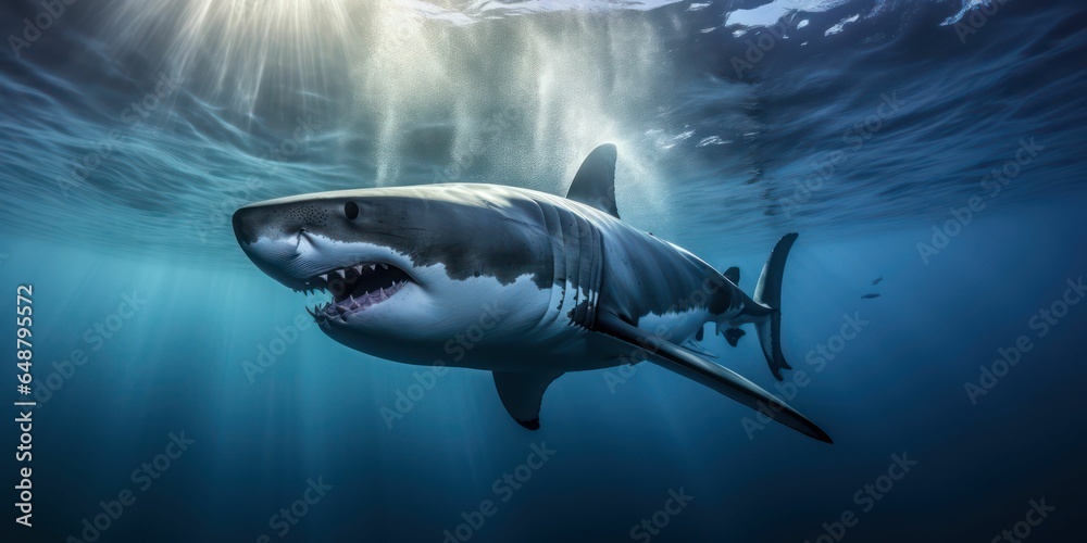Fototapeta premium Dominant Great White Shark in Blue Ocean