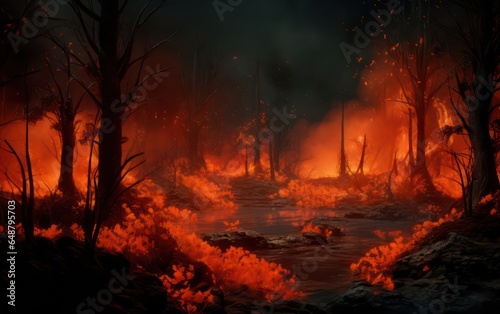 The portrayal of a jungle in flames conveys the concept of fire disaster