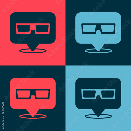 Pop art 3D cinema glasses icon isolated on color background. Vector