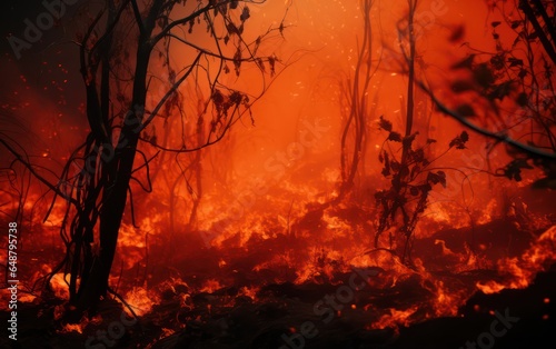 The visual representation of a jungle consumed by flames and fire disaster