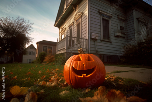Halloween orange carved jack lantern pumpkins and decorations at outdoor night