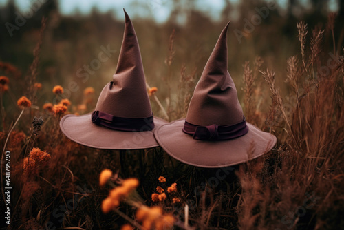 Scary magician witch hats at Halloween background